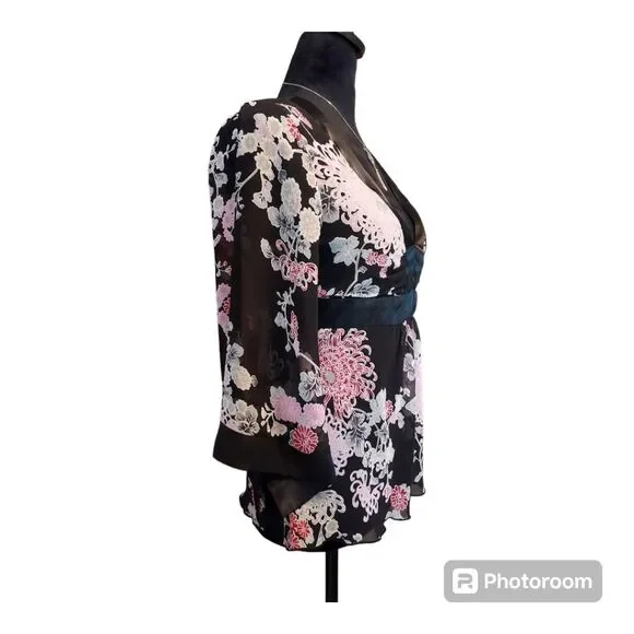 Twenty One Black & Pink Floral 3/4 Sleeve Tie Back V-Neck Kimono Blouse Size S - Picture 3 of 10